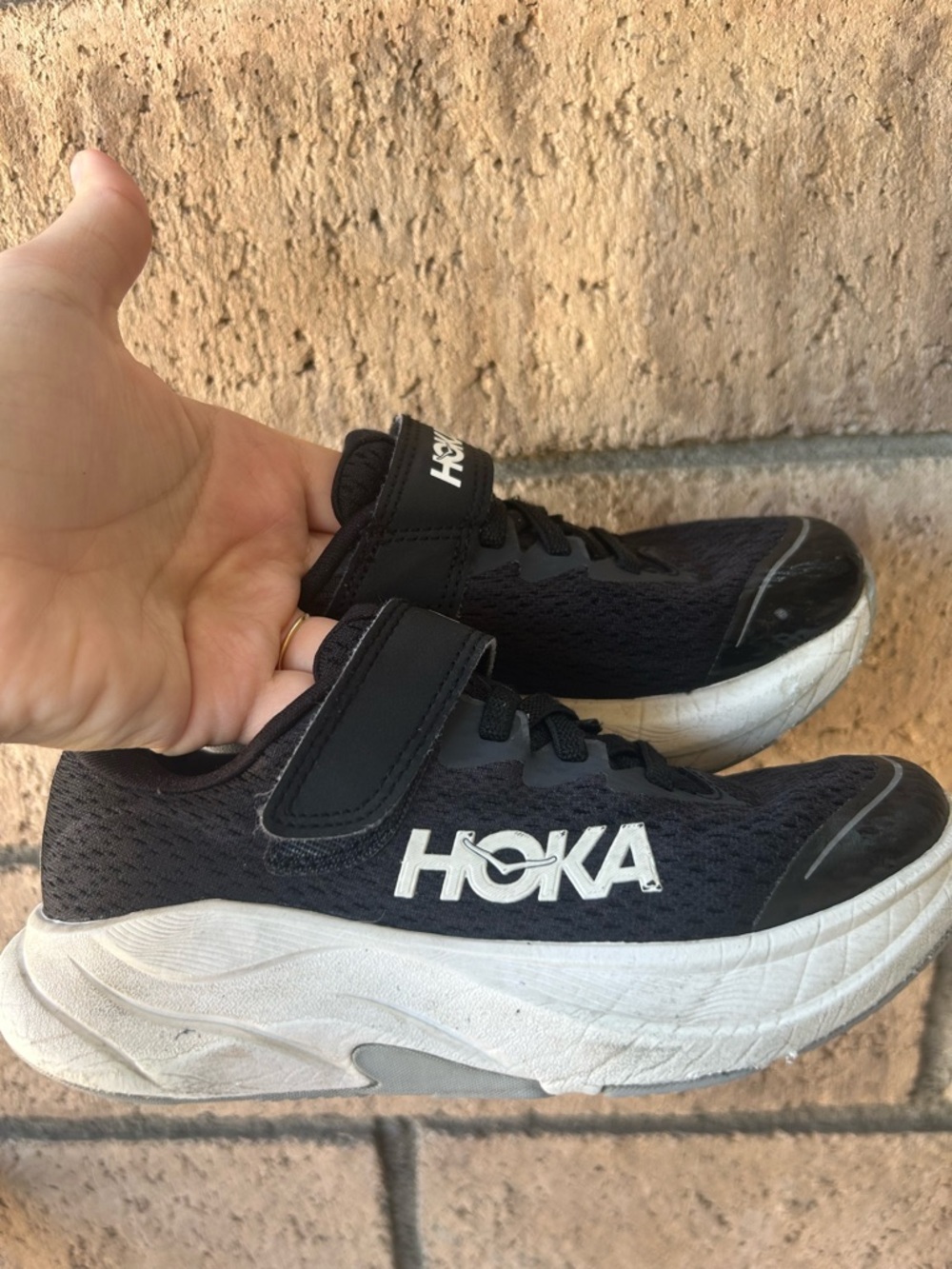 Hoka One One Kids Black and White Sneakers with Hook-and-Loop Strap
